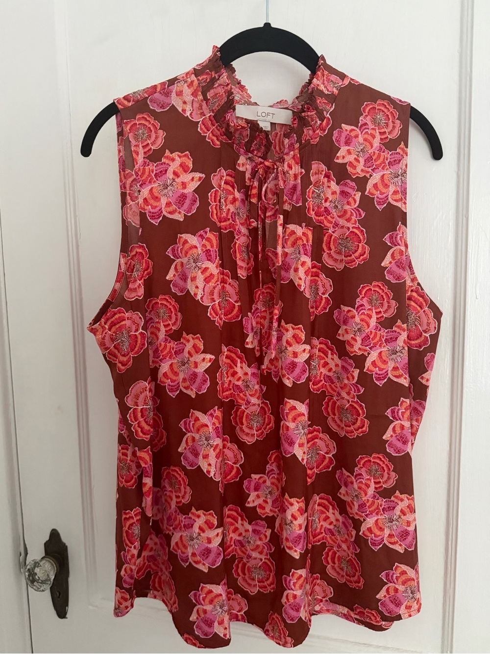 LOFT Floral Tie-Neck Sleeveless Top in Brown and Pink